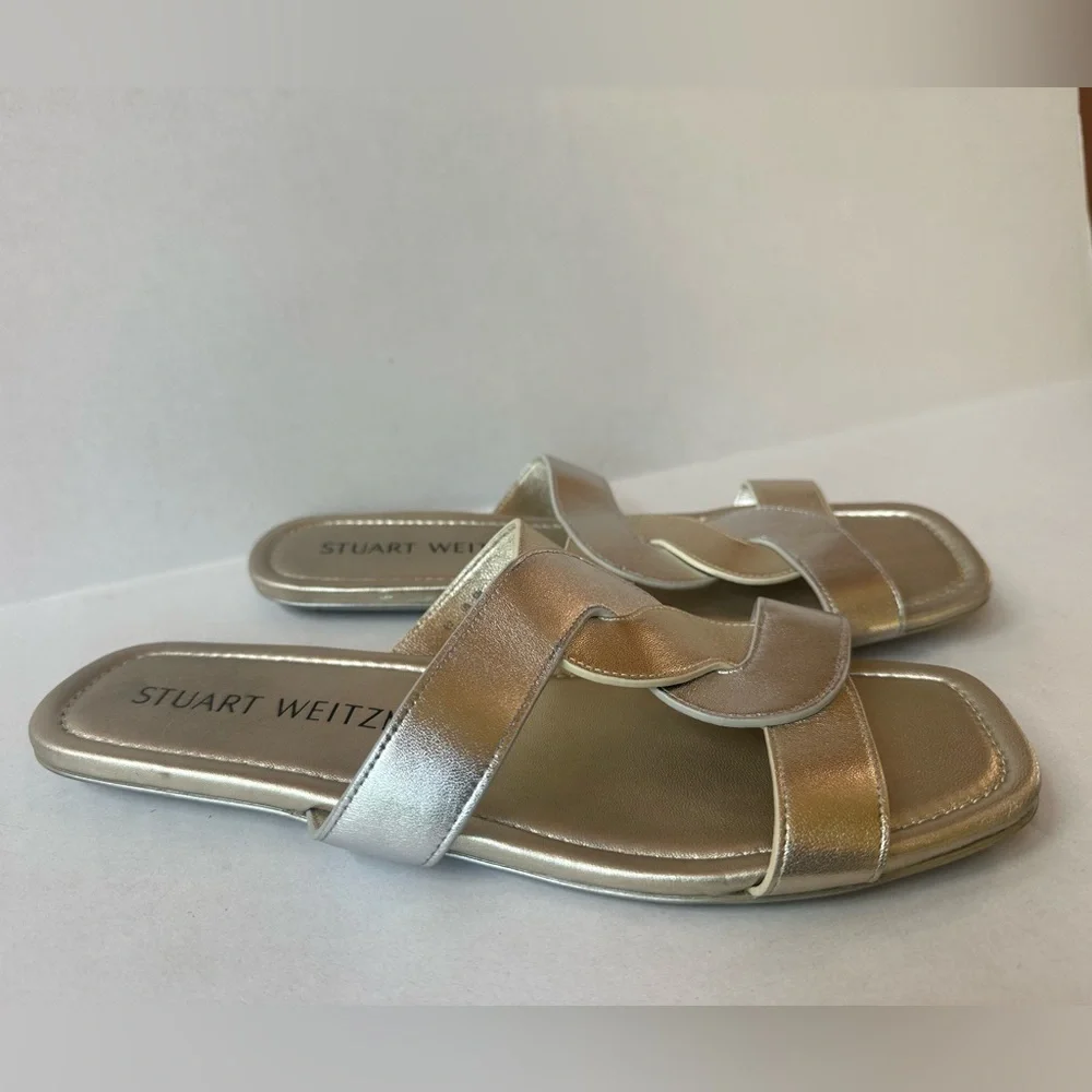 Stuart Weitzman “Ibiza” Silver/Gold Open Square Toe Slide Sandals Size 11 EUC!